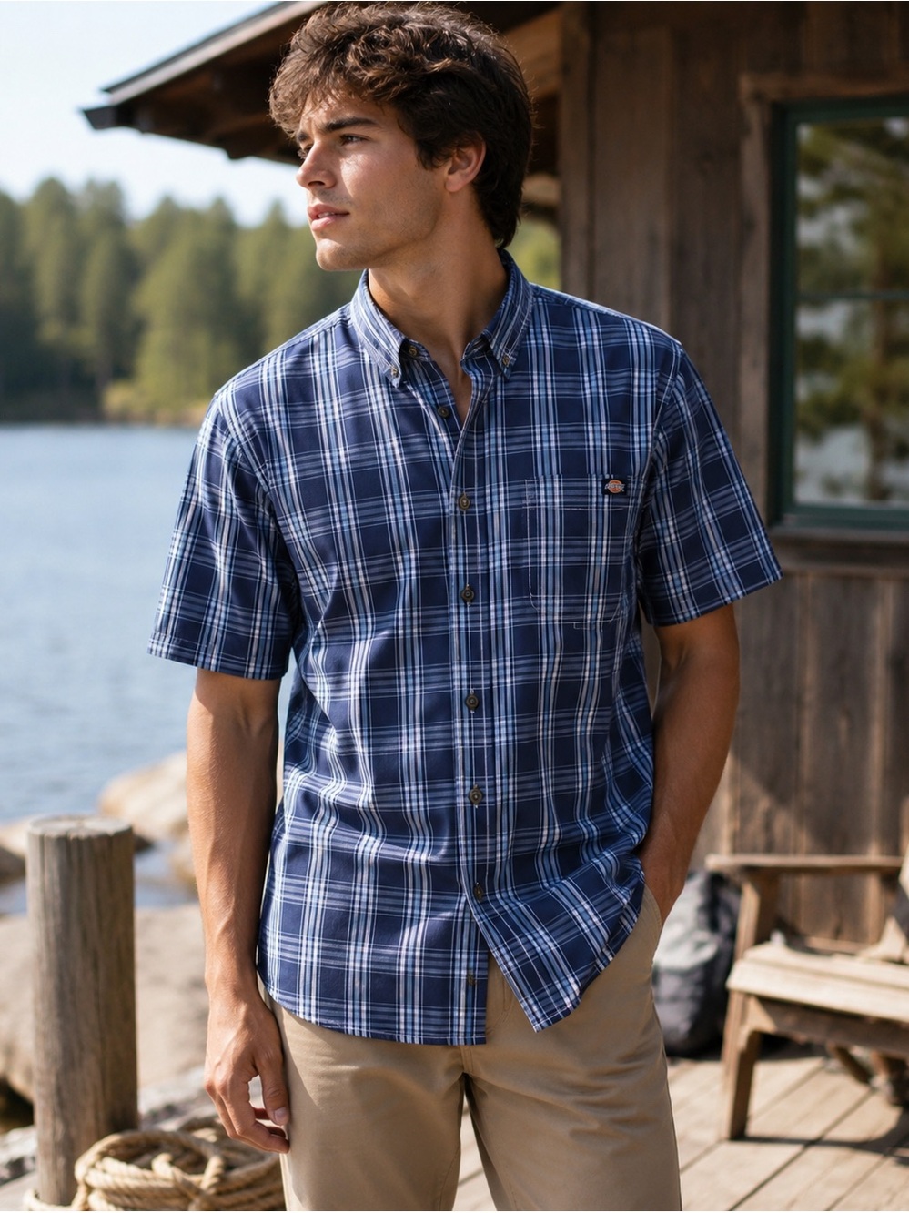 Dickies Blue Plaid Button Down Shirt XL 100% Cotton Short Sleeve Workwear Casual
